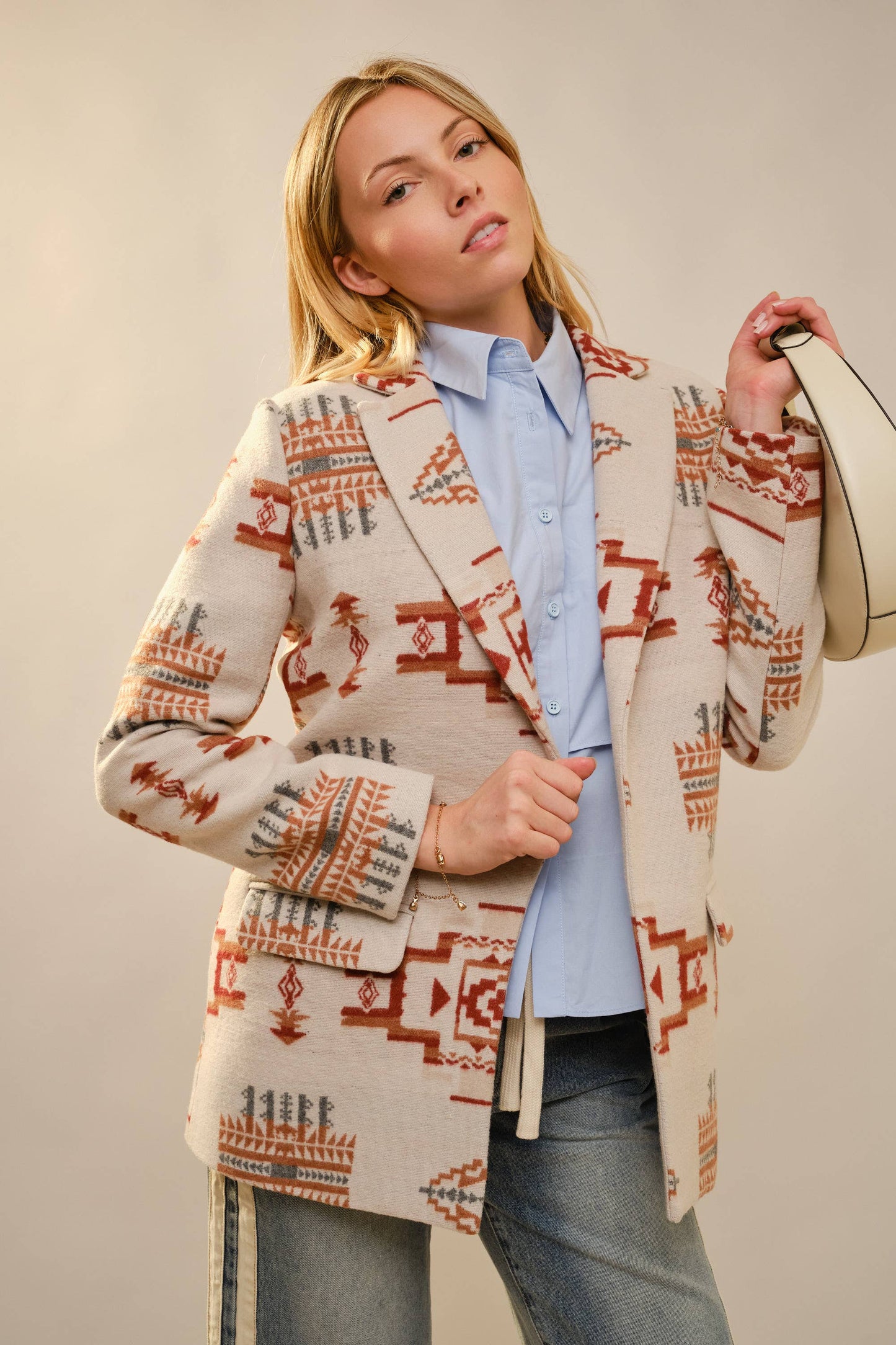 Aztec Jacquard Jewel Button Blazer