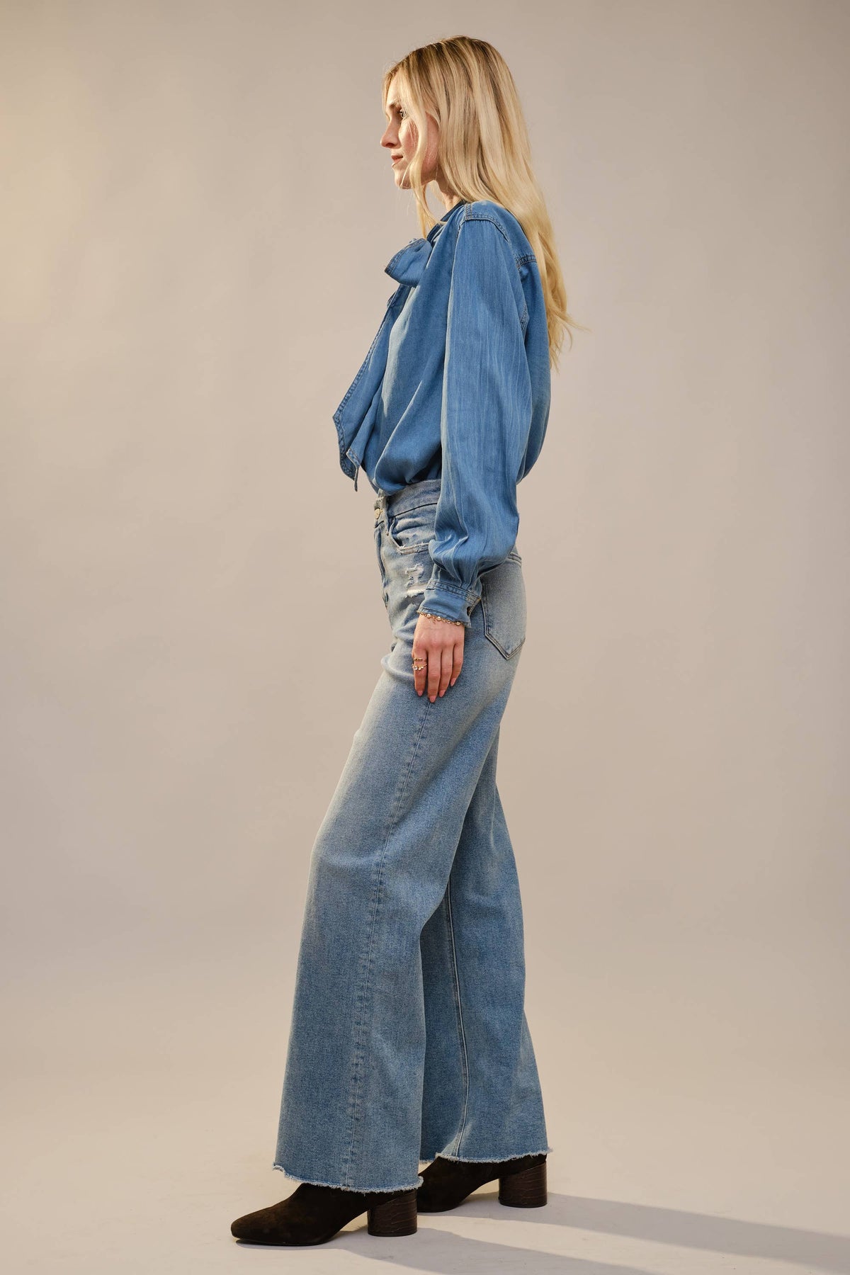 Tie Neck Chambray Blouse