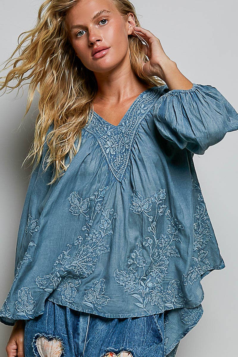 Floral Embroidered Top Denim Blue