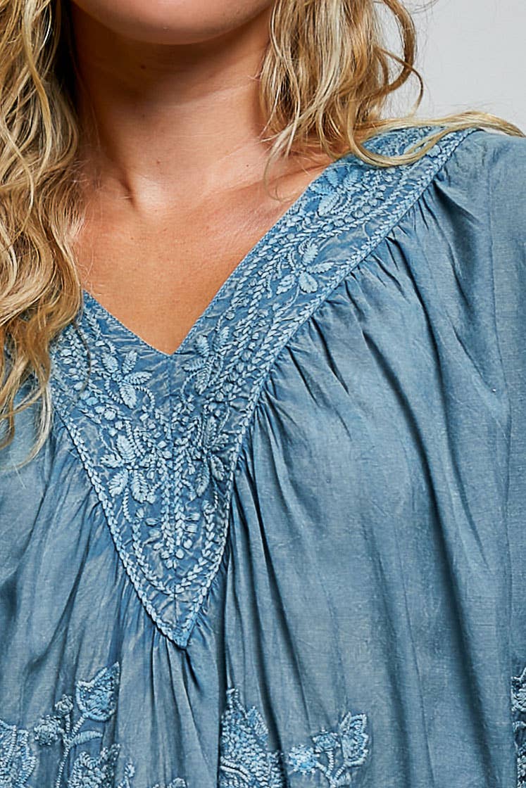 Floral Embroidered Top Denim Blue