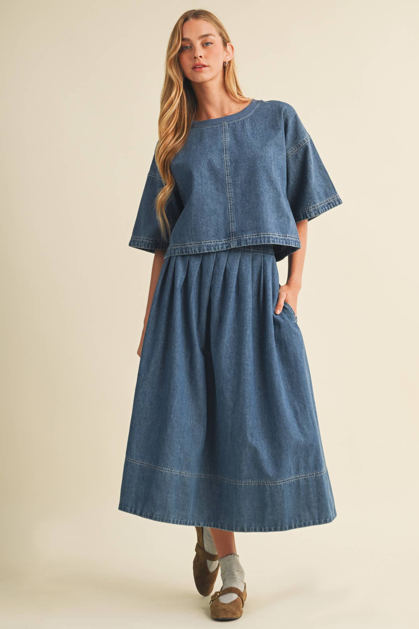 Pleated A-Line Denim Skirt