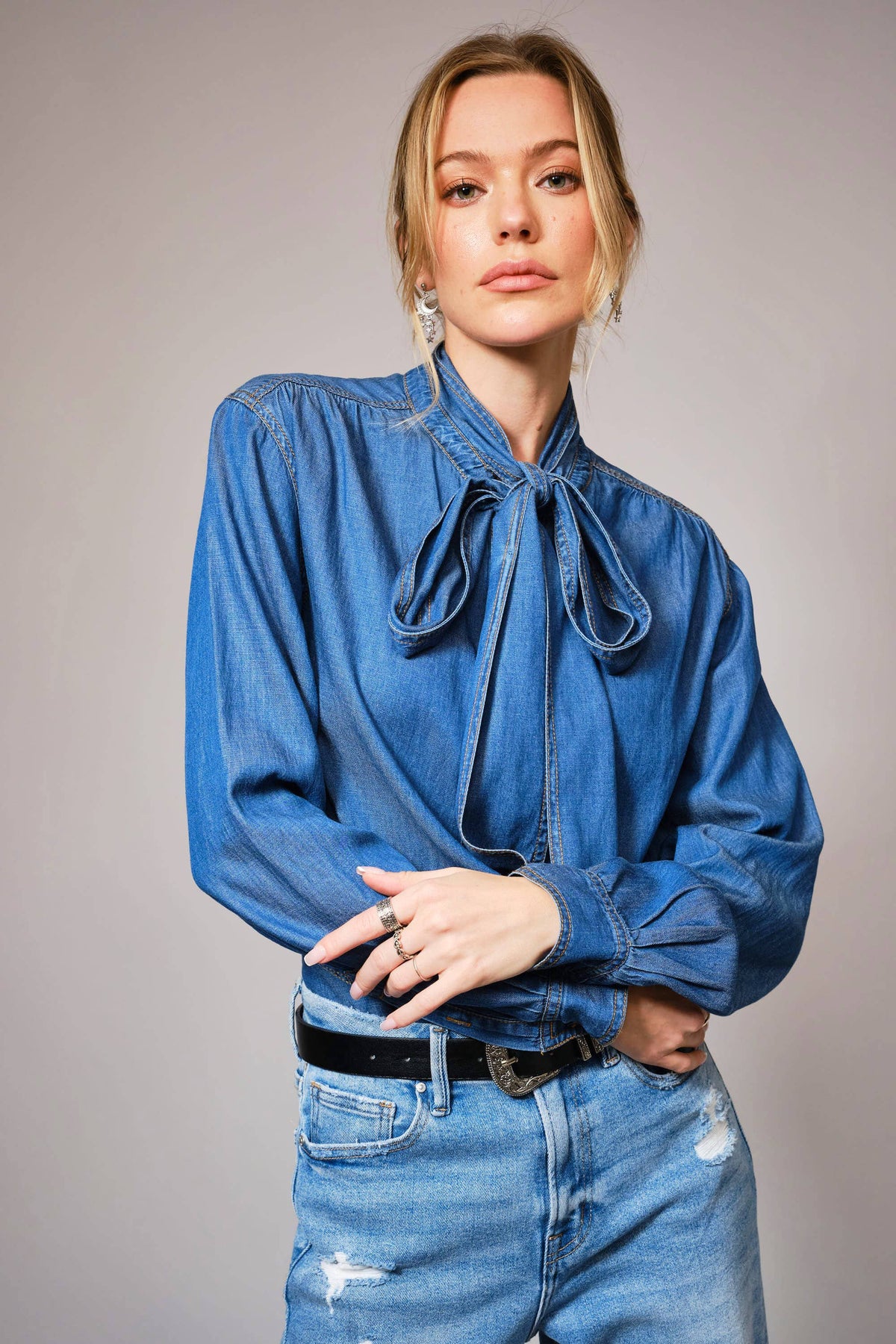 Tie Neck Chambray Blouse