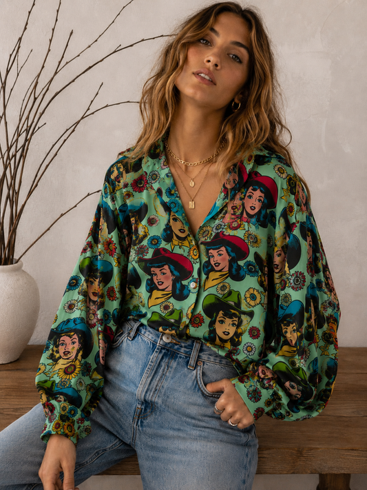 Cowgirl Button Up Mesh Blouse