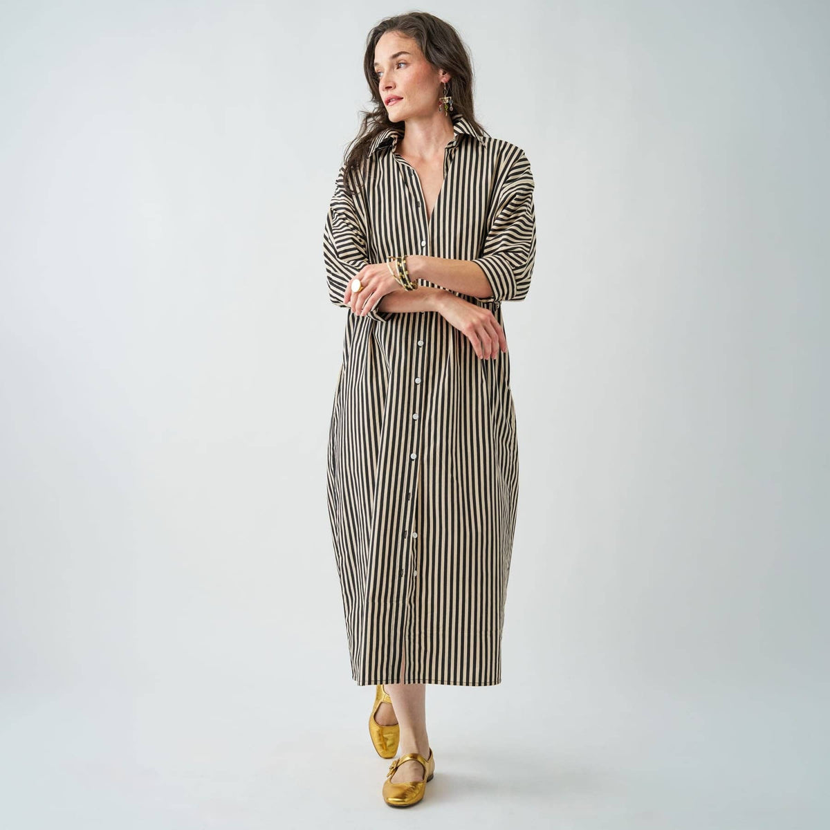 Colette Shirtdress In Black + Cream Stripe M/L