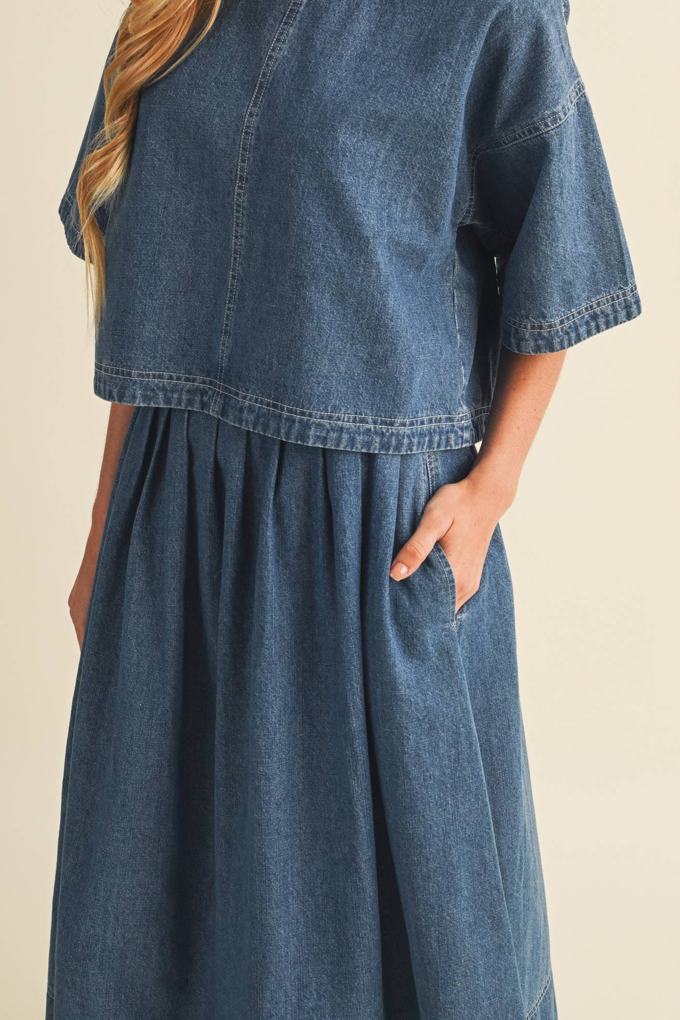 Pleated A-Line Denim Skirt