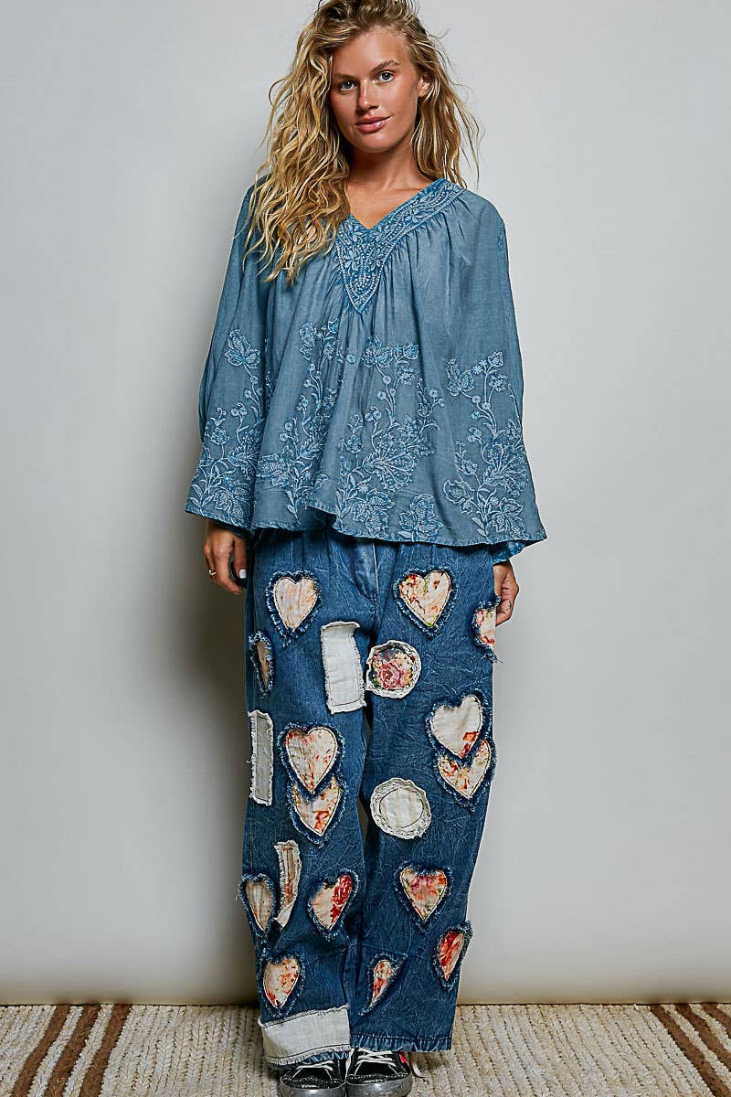 Floral Embroidered Top Denim Blue
