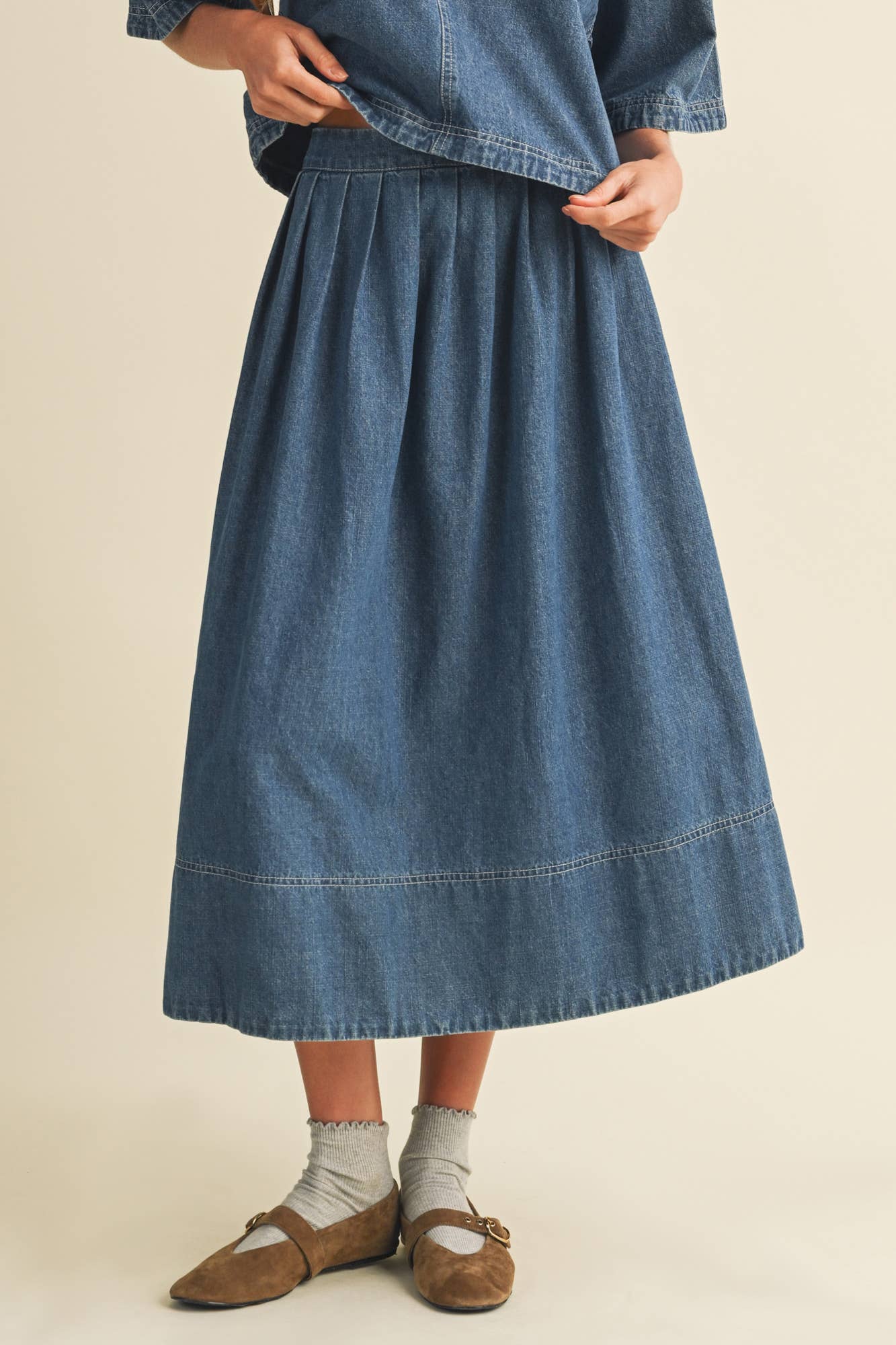 Pleated A-Line Denim Skirt