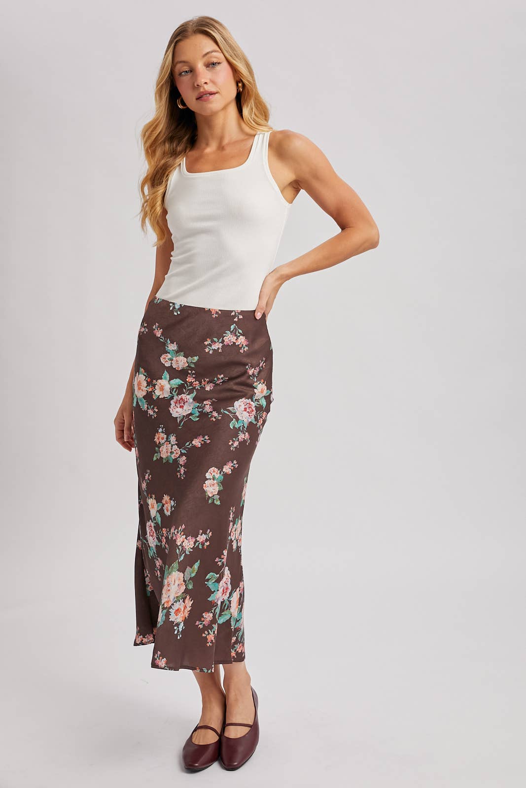Floral Print Satin Skirt | Mocha