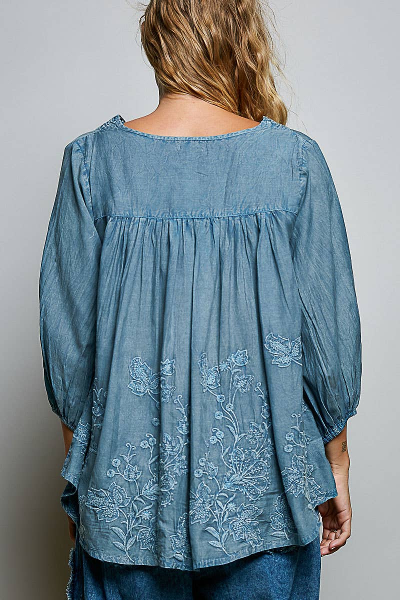 Floral Embroidered Top Denim Blue