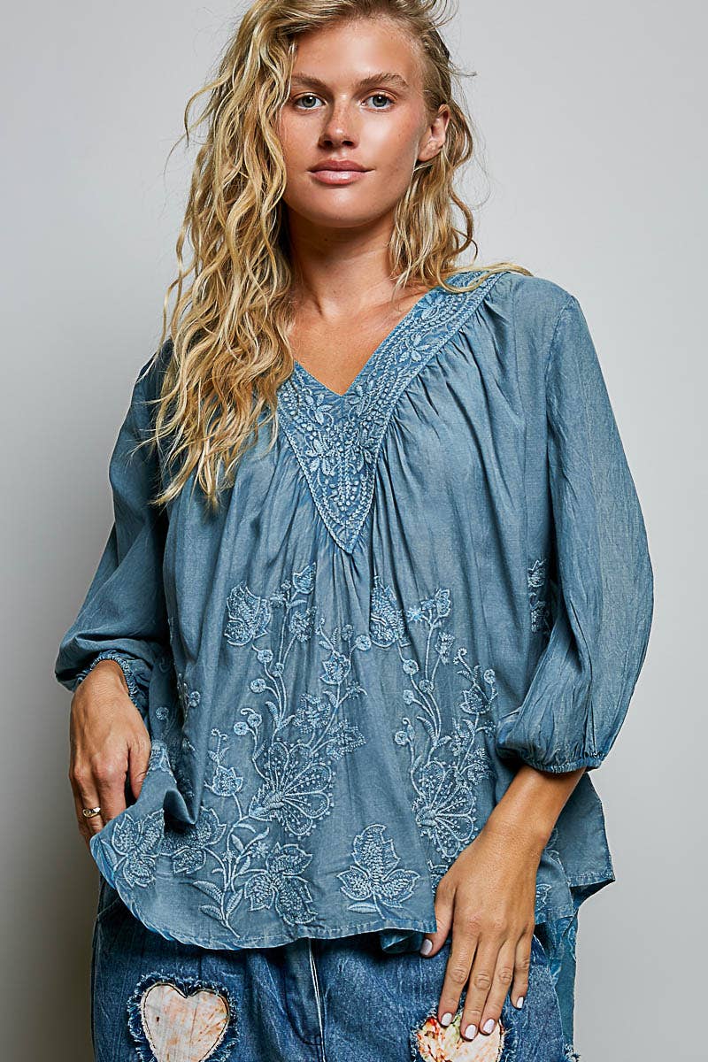 Floral Embroidered Top Denim Blue