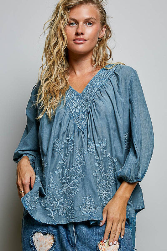 Floral Embroidered Top Denim Blue