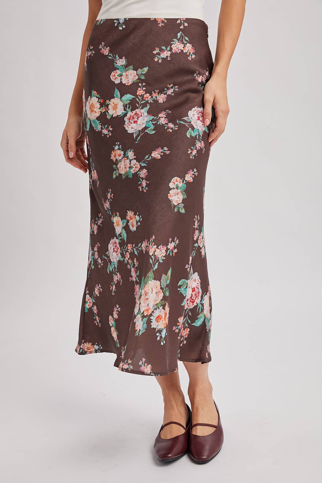 Floral Print Satin Skirt | Mocha
