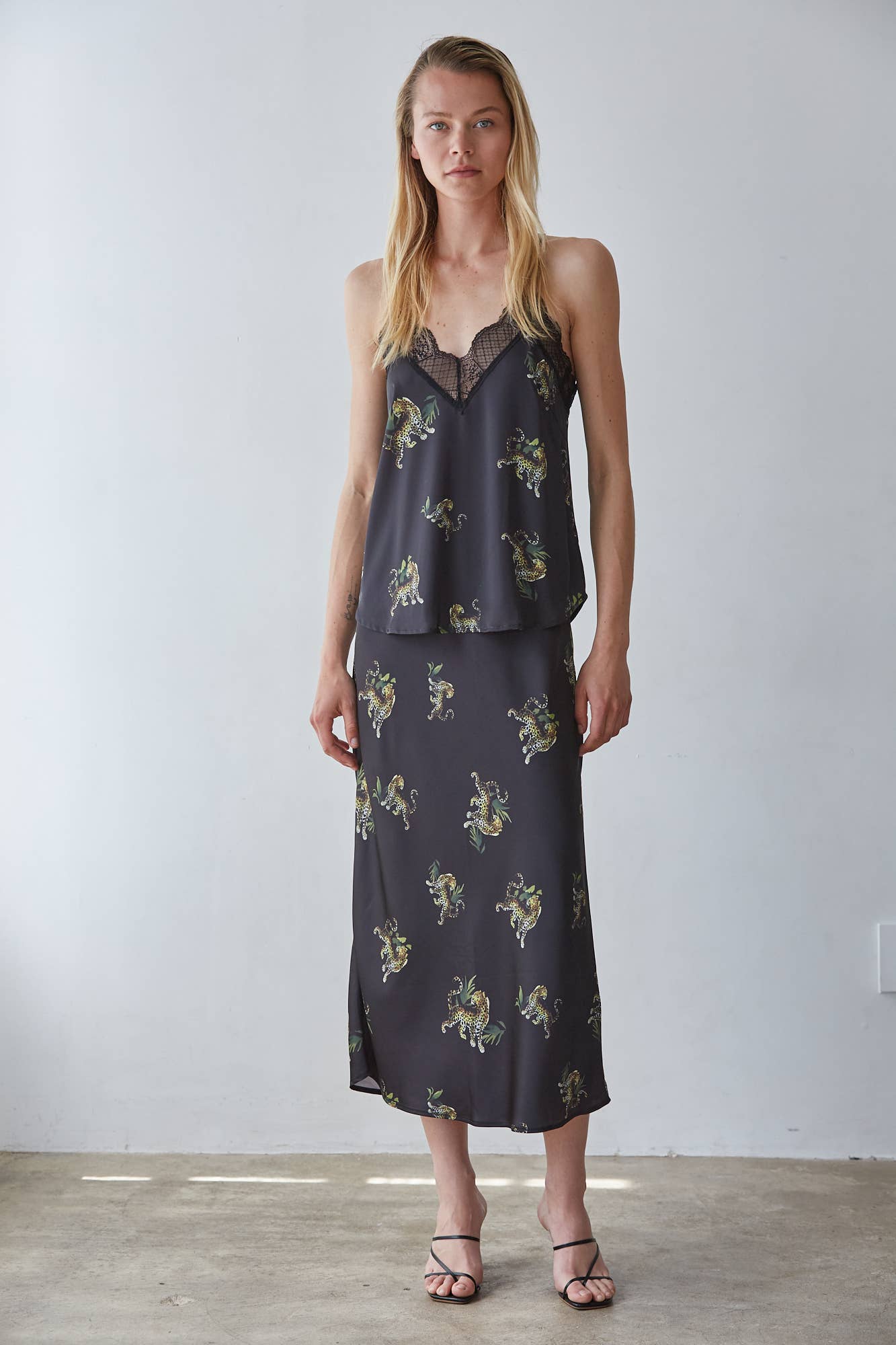 Satin Animal Print Midi Skirt I Black