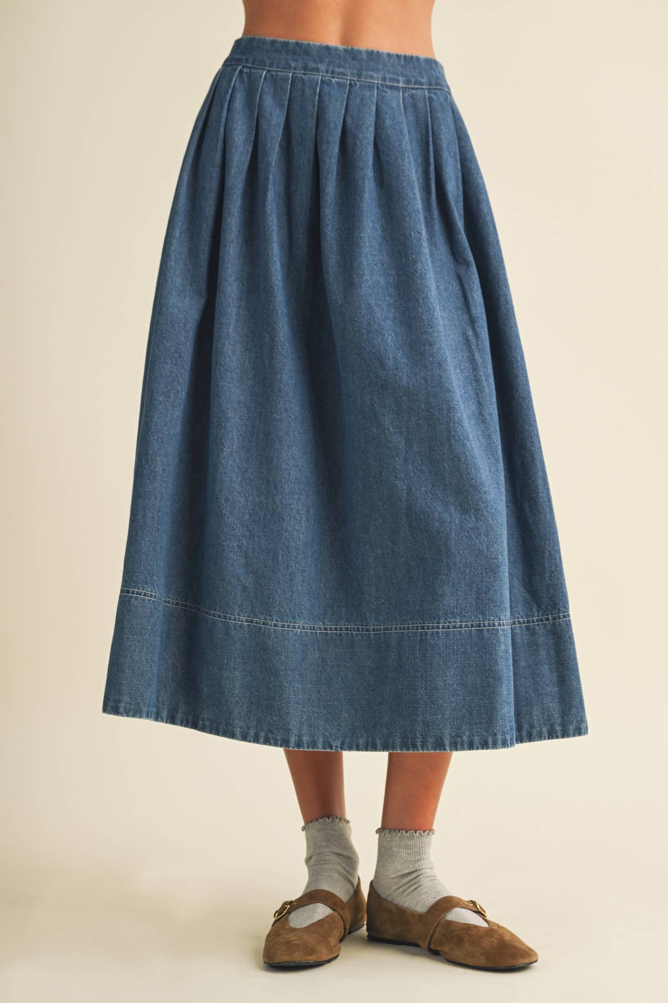 Pleated A-Line Denim Skirt