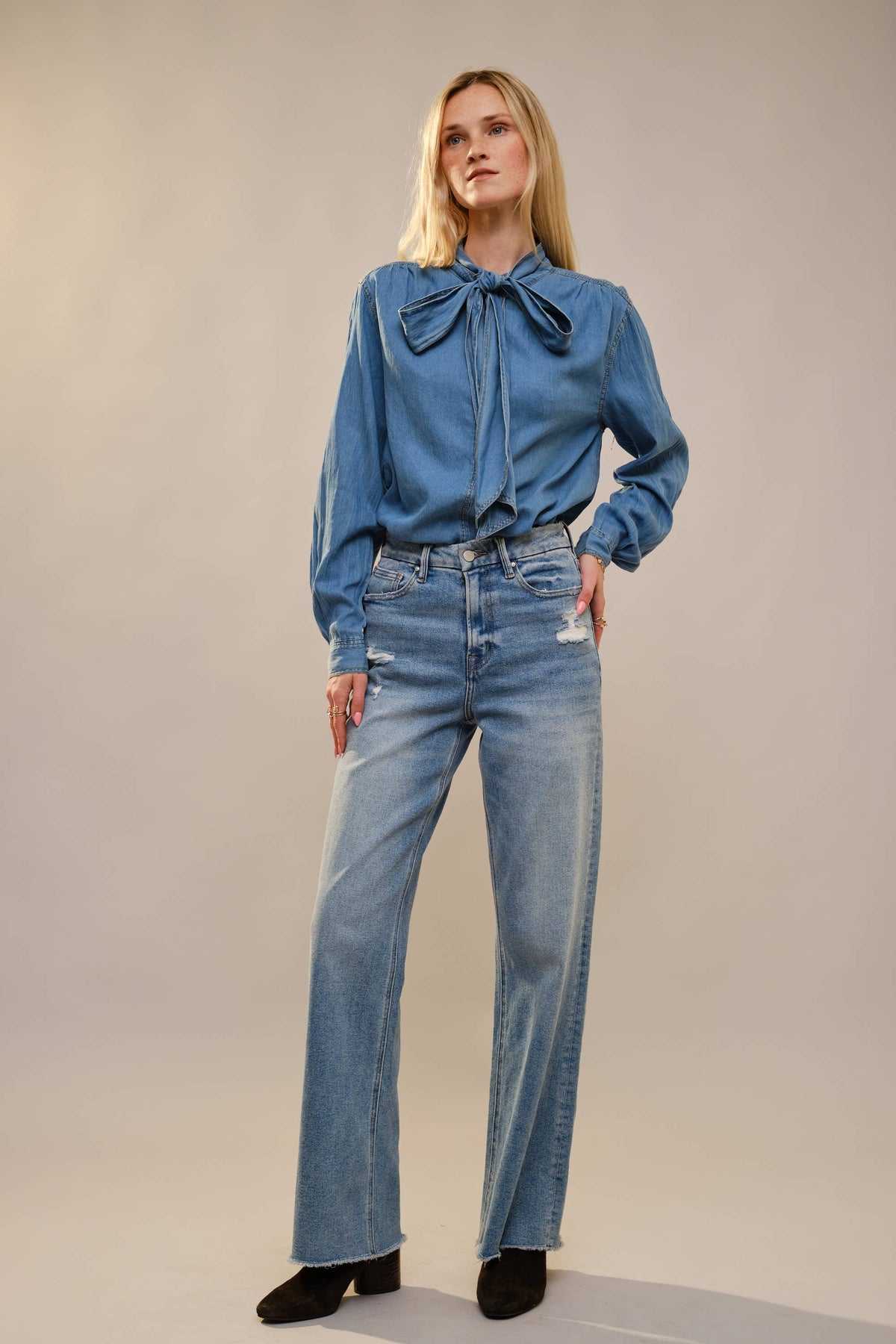 Tie Neck Chambray Blouse