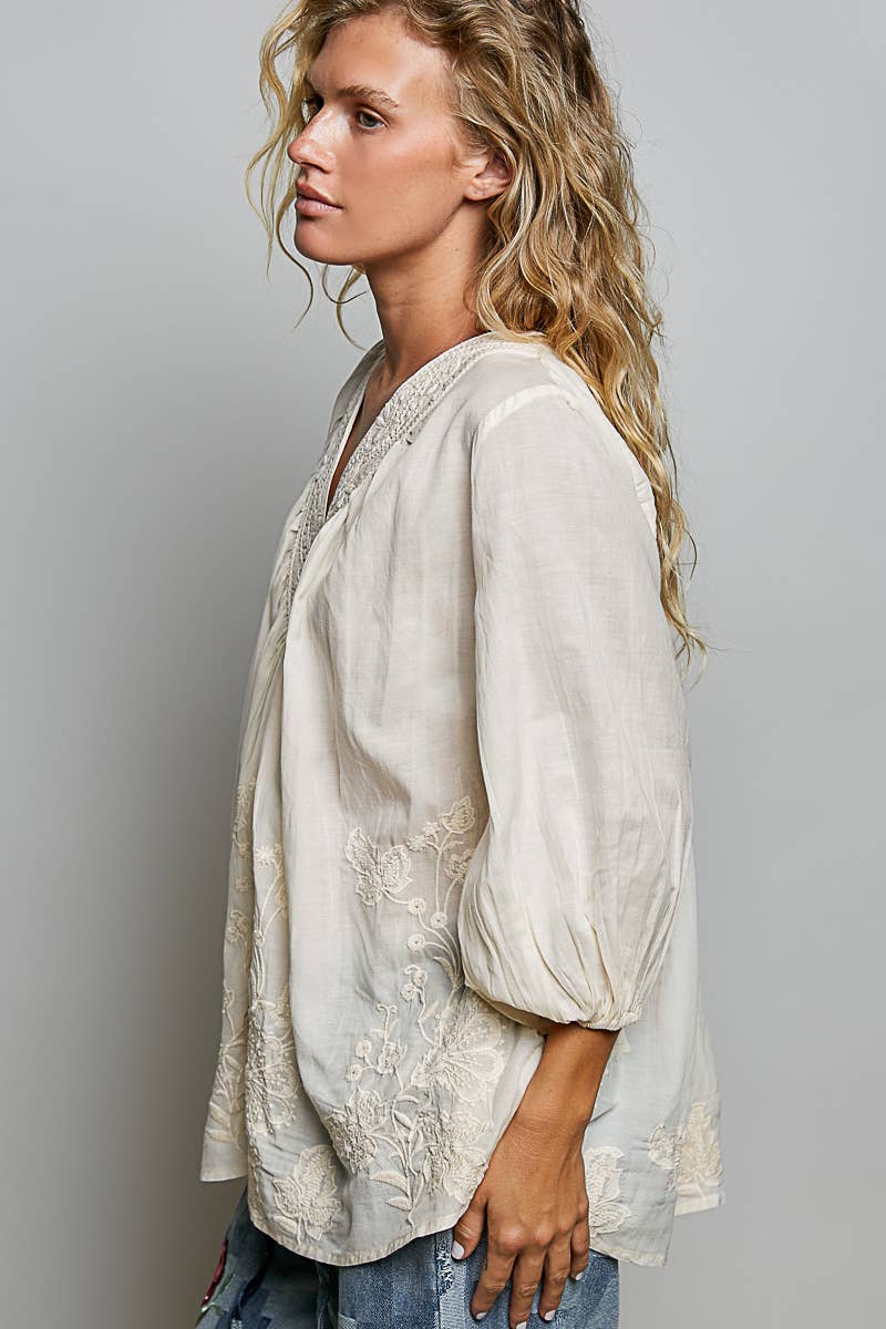 Floral Embroidered Top Denim Blue