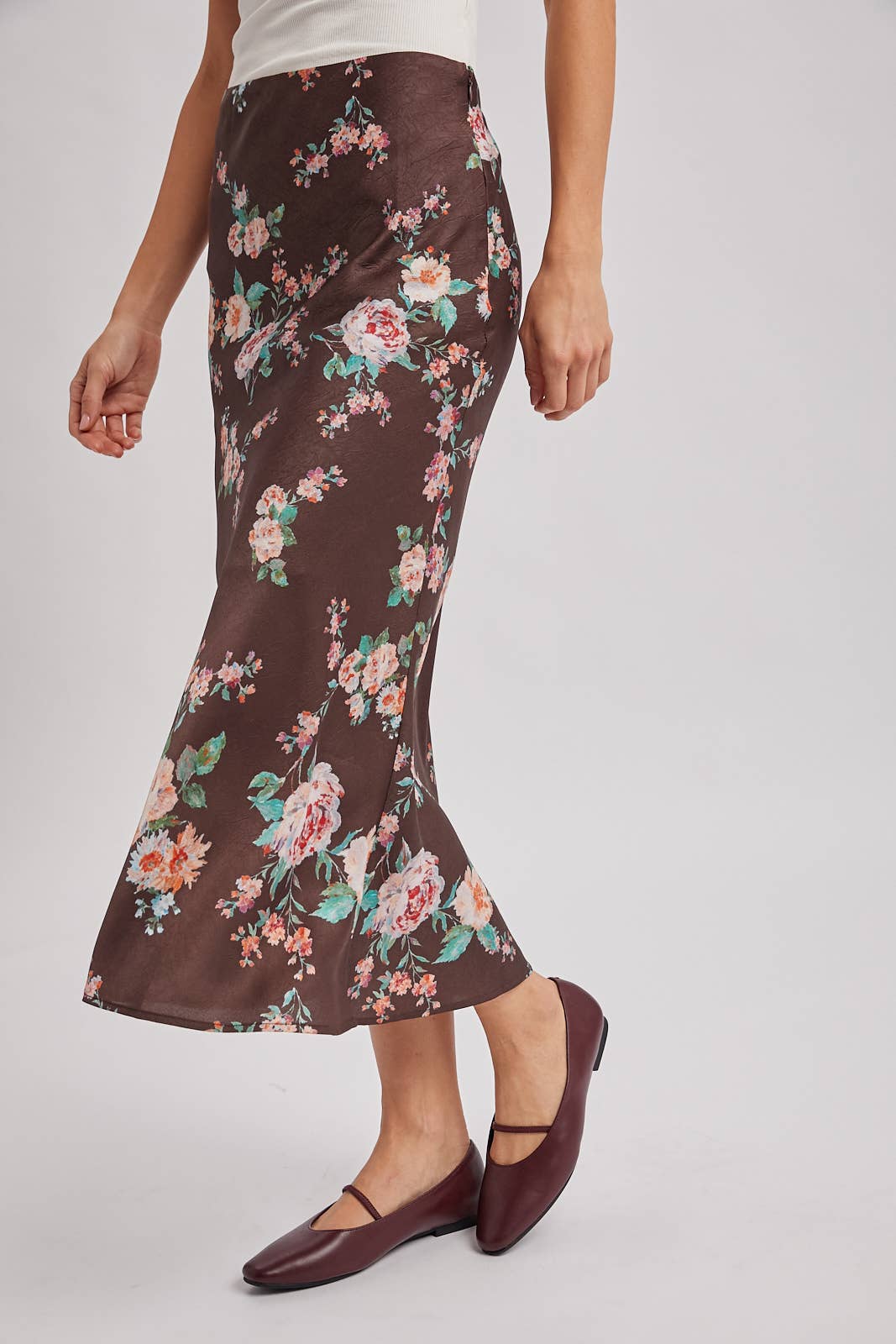Floral Print Satin Skirt | Mocha