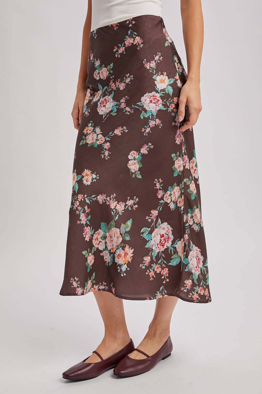 Floral Print Satin Skirt | Mocha