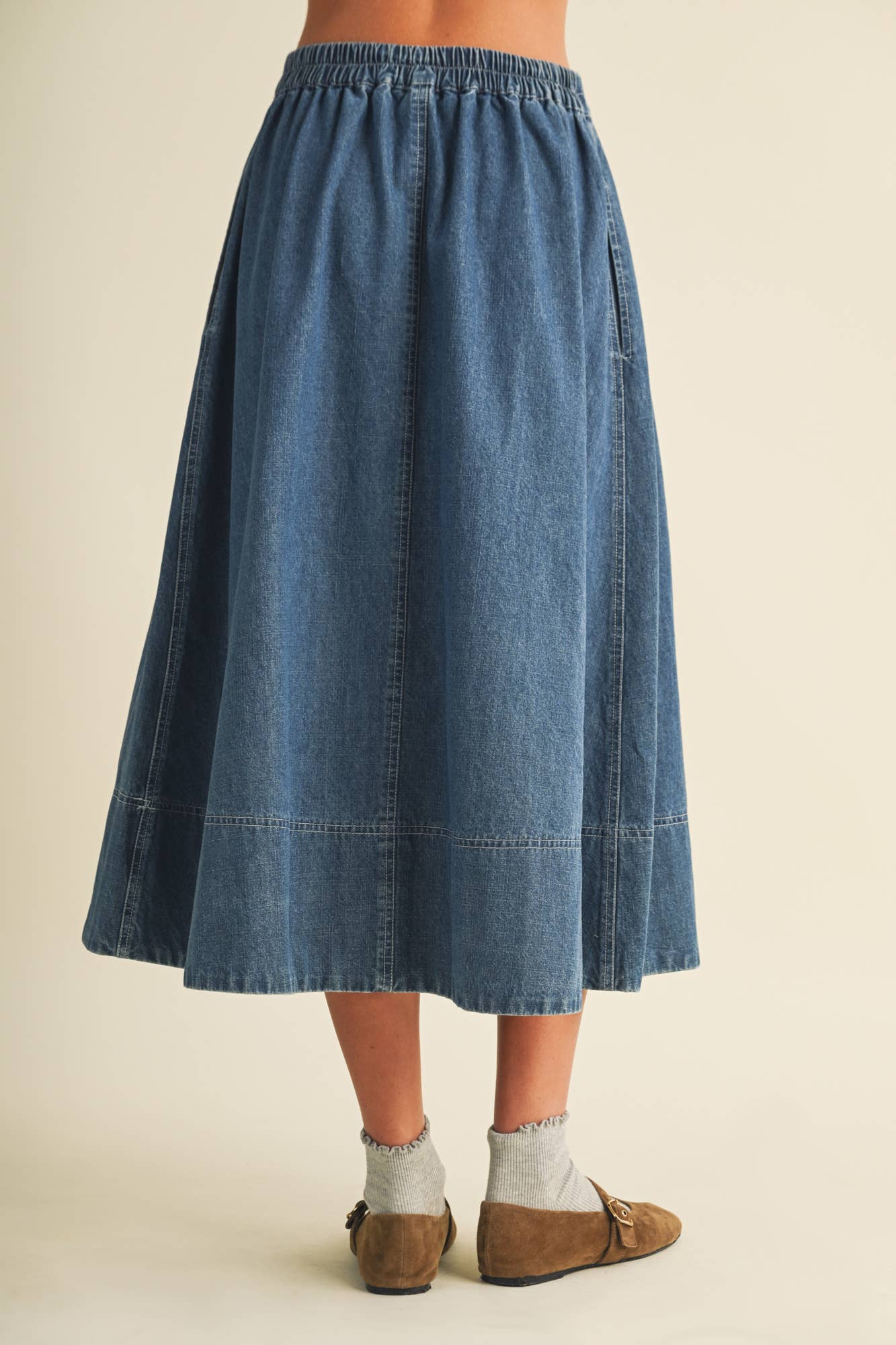Pleated A-Line Denim Skirt
