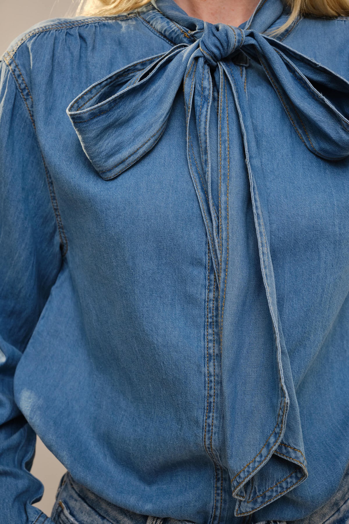 Tie Neck Chambray Blouse