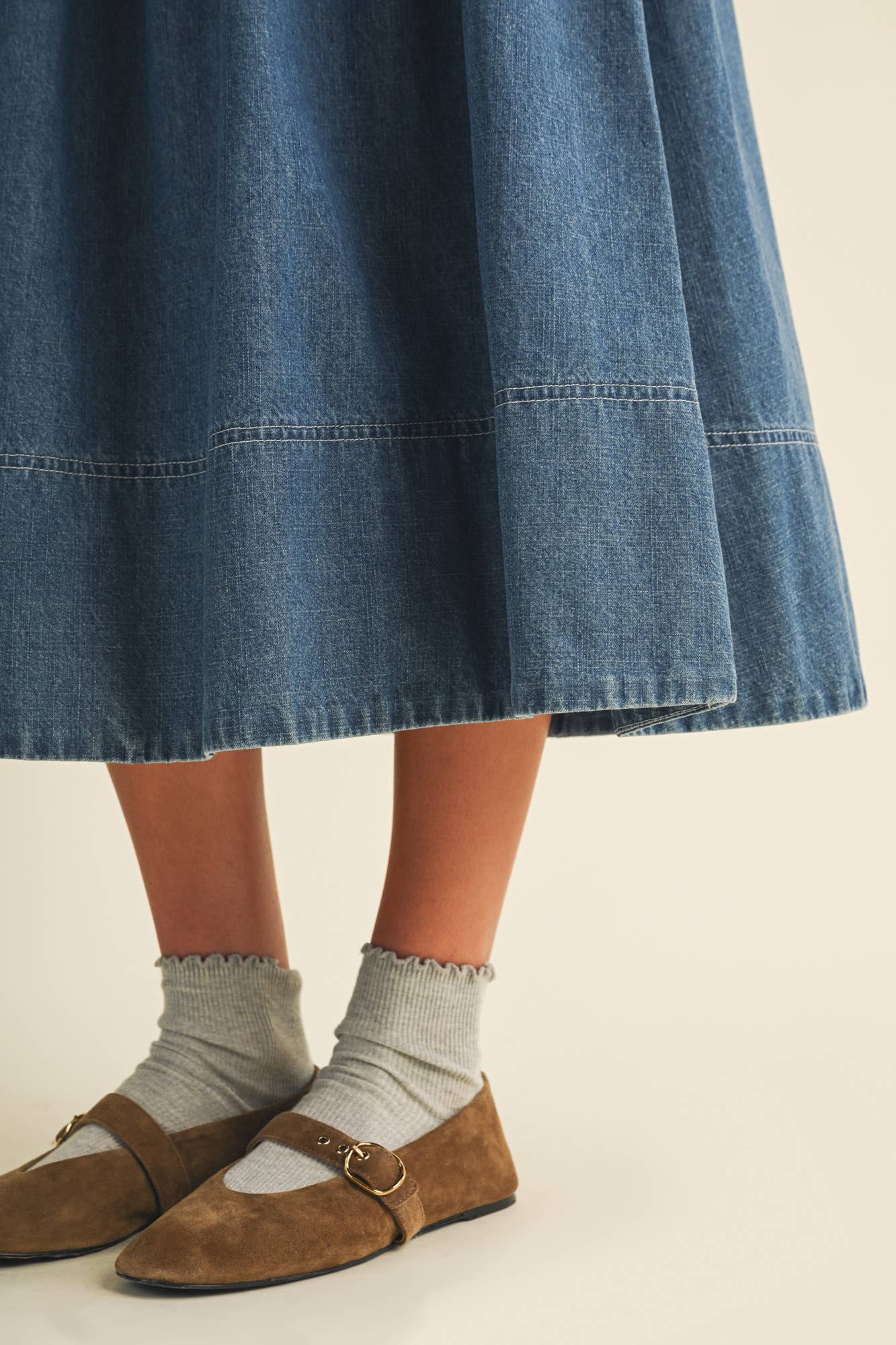 Pleated A-Line Denim Skirt