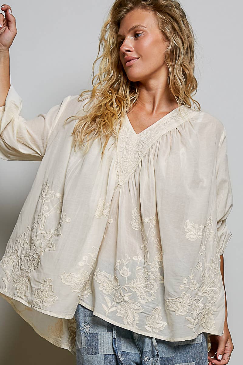 Floral Embroidered Top Denim Blue