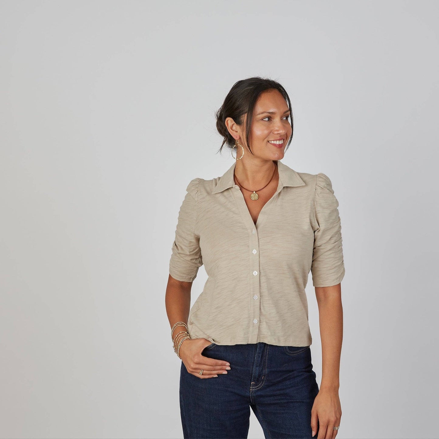 Grace Button-Up Tee | Taupe