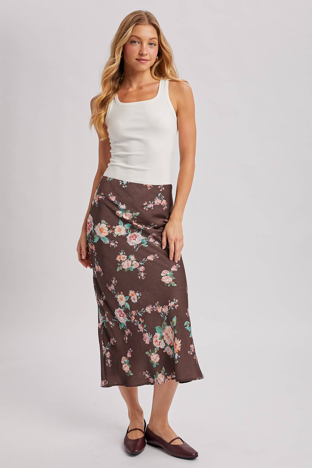 Floral Print Satin Skirt | Mocha