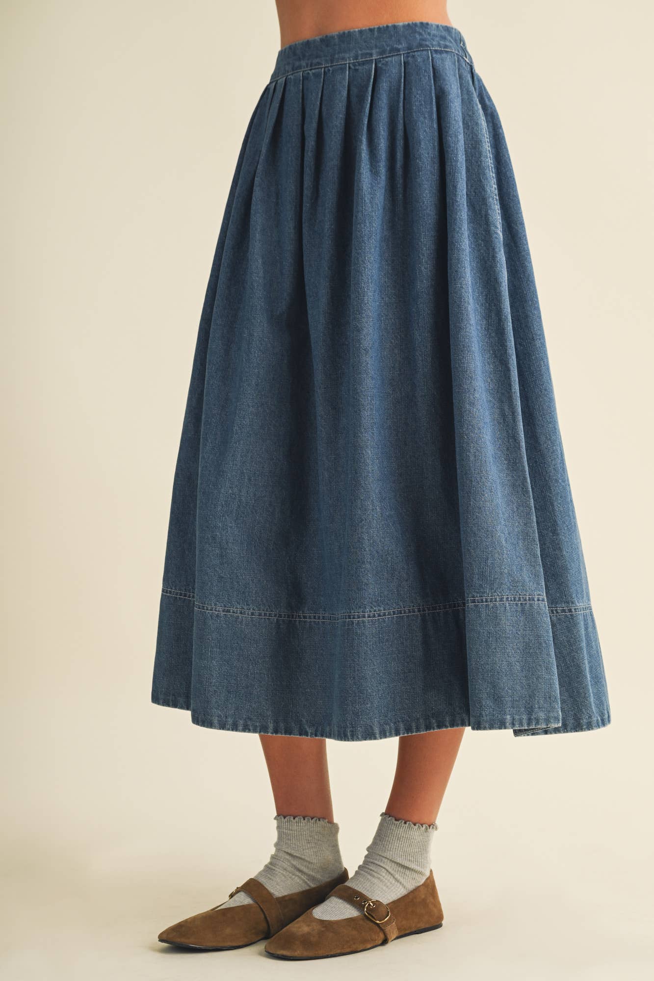 Pleated A-Line Denim Skirt