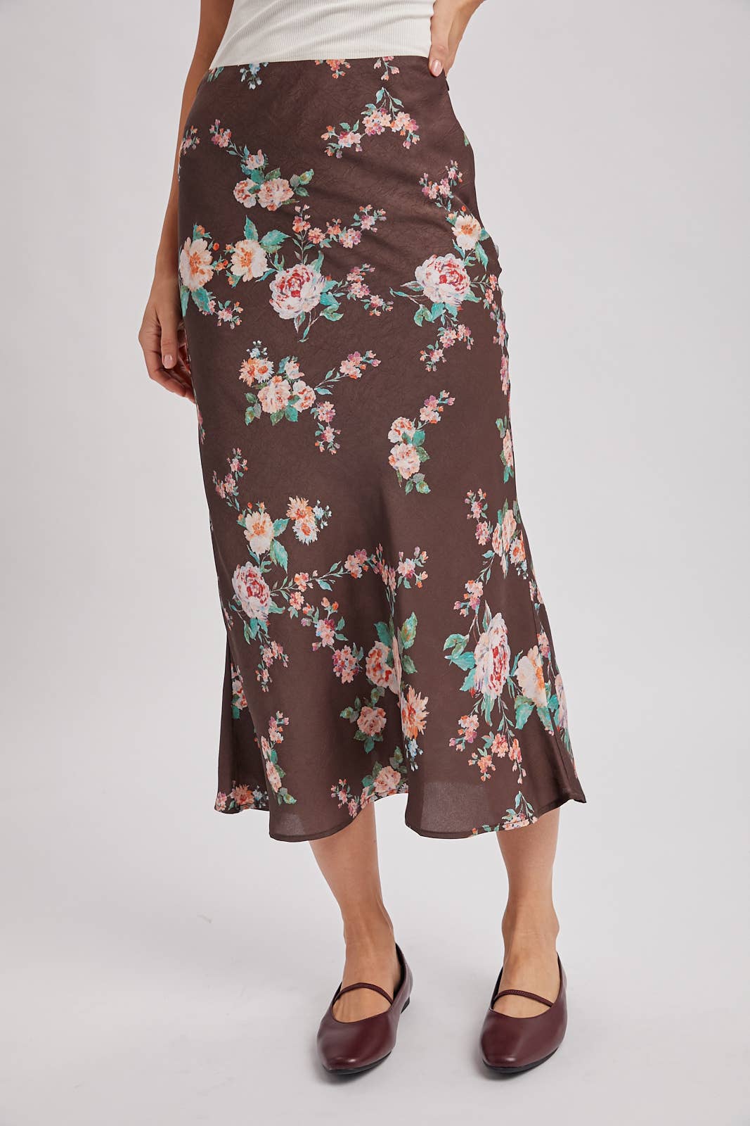 Floral Print Satin Skirt | Mocha