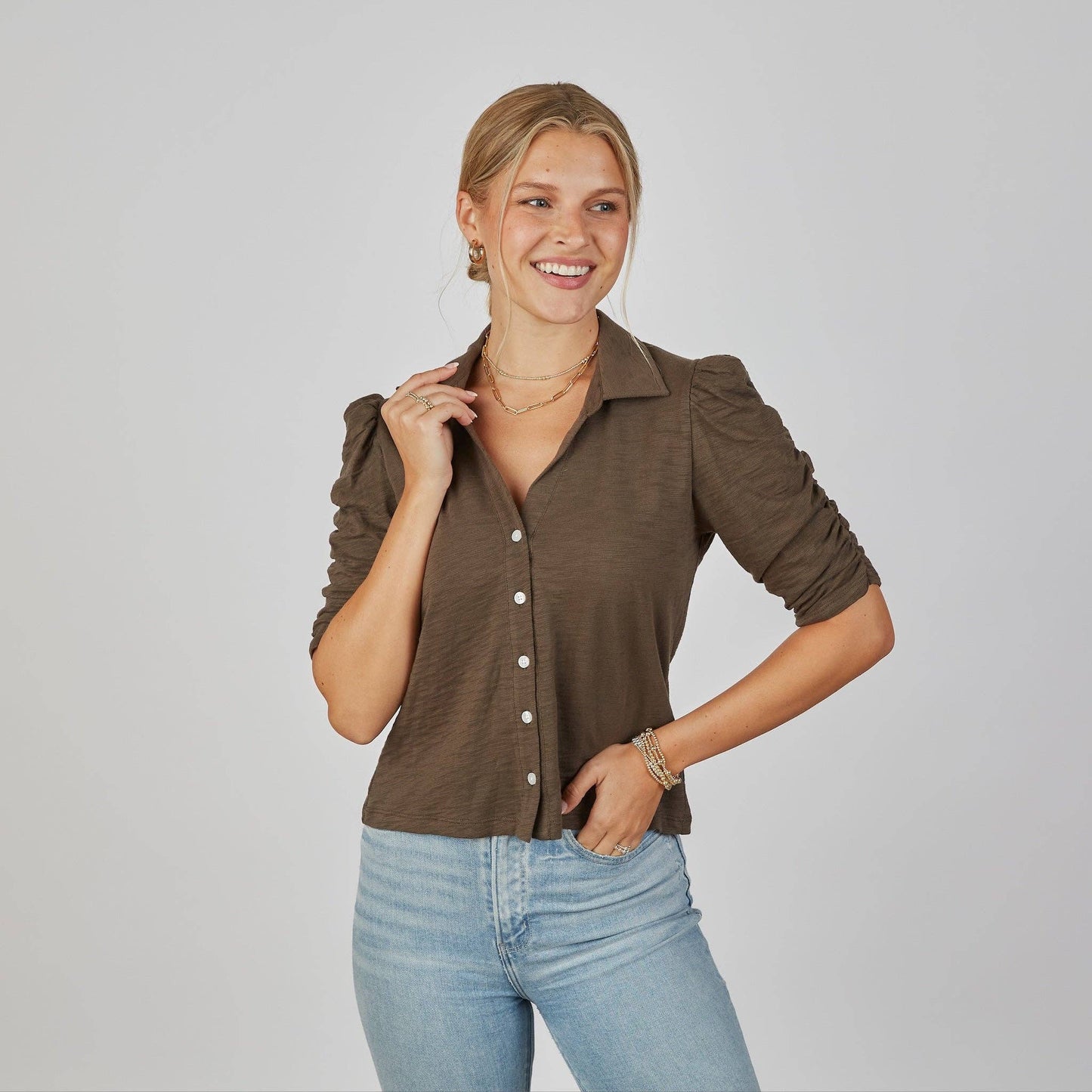 Grace Button-Up Tee | Espresso