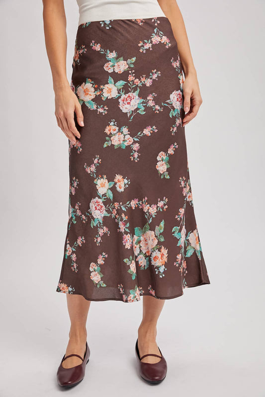 Floral Print Satin Skirt | Mocha