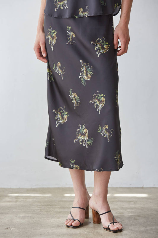 Satin Animal Print Midi Skirt I Black