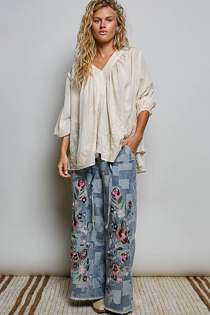 Floral Embroidered Top Denim Blue